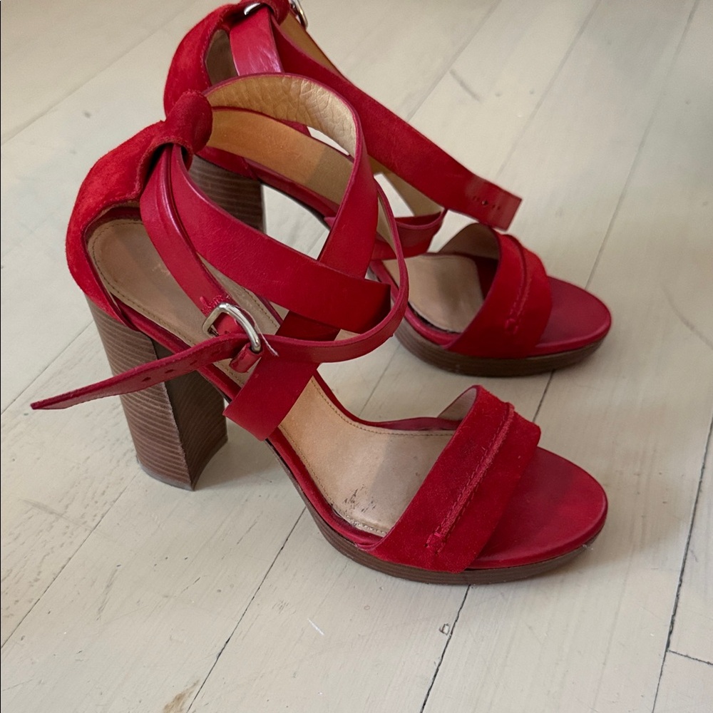 M. Gemi Red Suede Strappy Block Heel Sandals